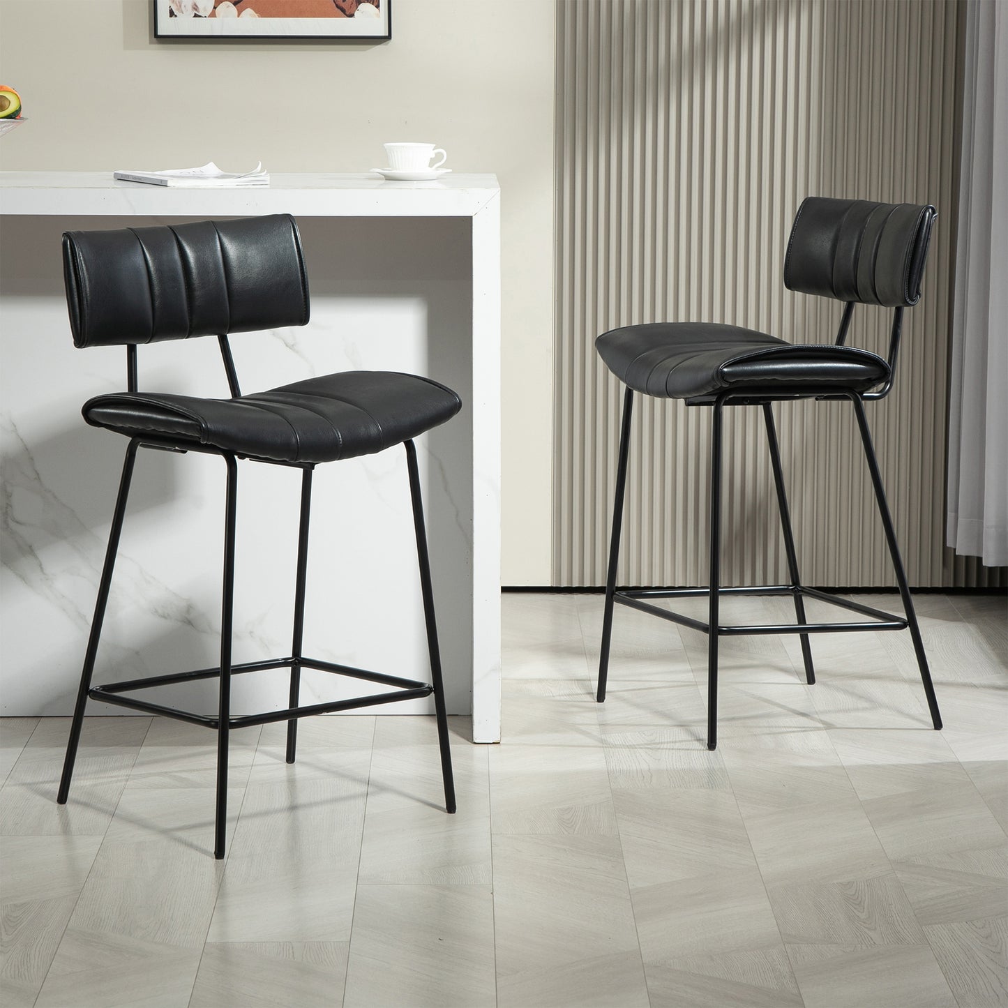 Set of 2 Belita Black Faux Leather Counter Stool with Black Metal Legs