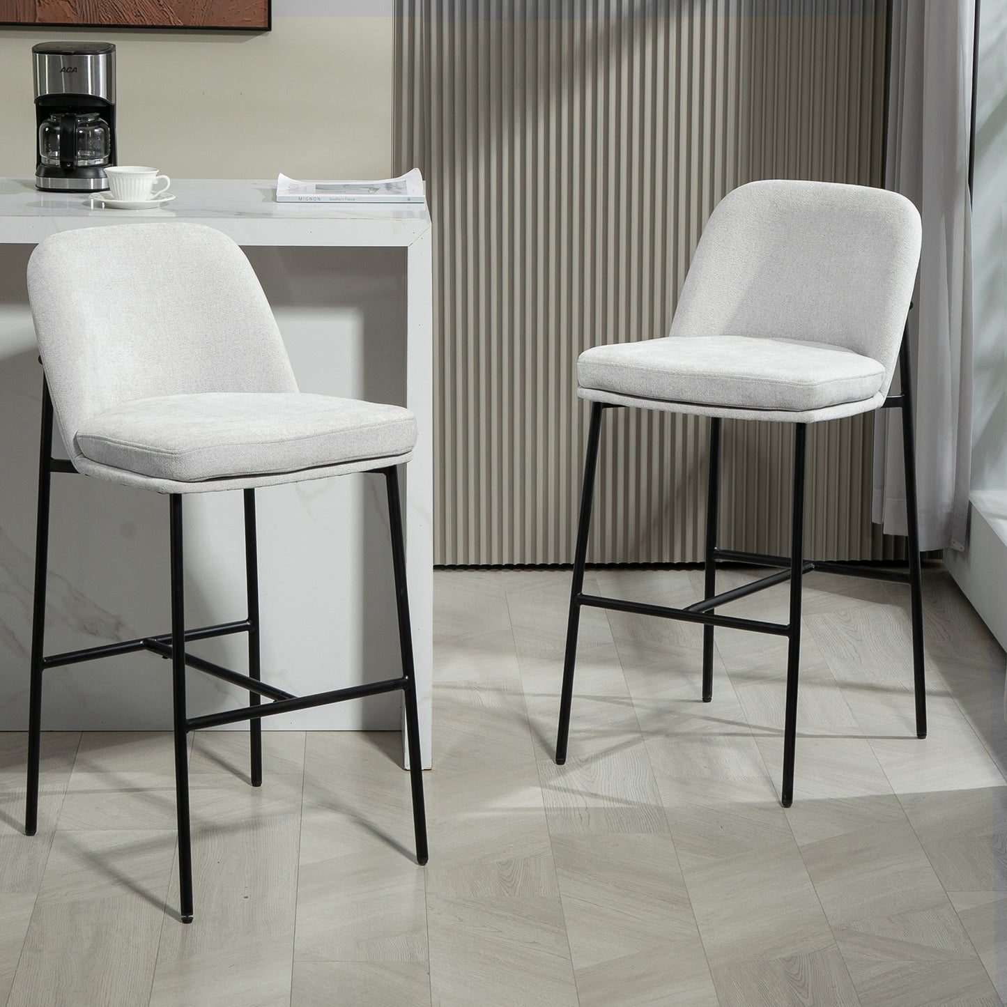 Set of 2 Belisma Gray Fabric Bar Stool with Metal Legs