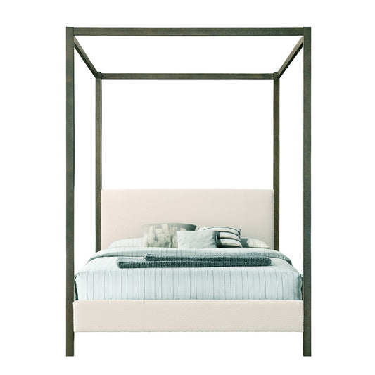 Beecher White Boucle Canopy Queen Bed with Iron Frame