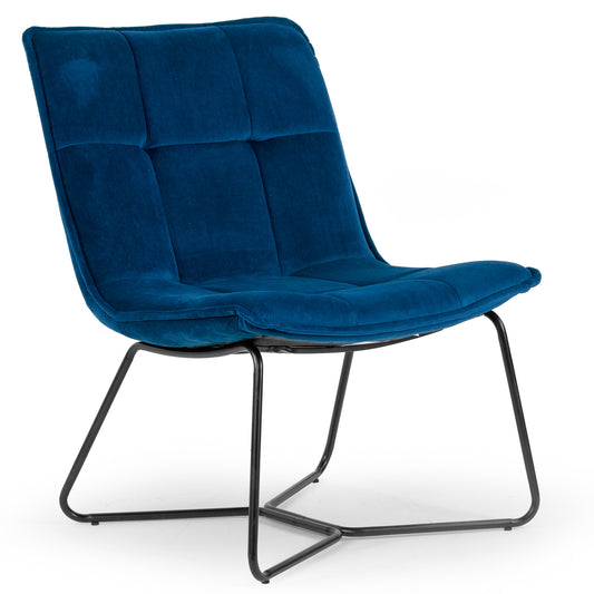 Aurele Blue Velvet Fabric Armless Accent Chair with Black Metal Legs
