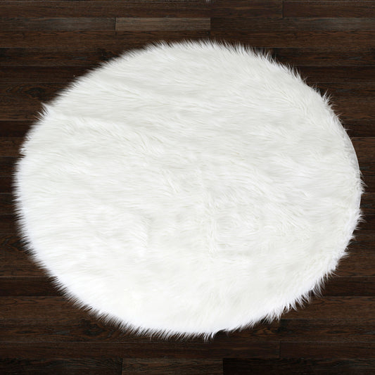 Alair White Round Faux Fur Area Rug 5 Foot Wide