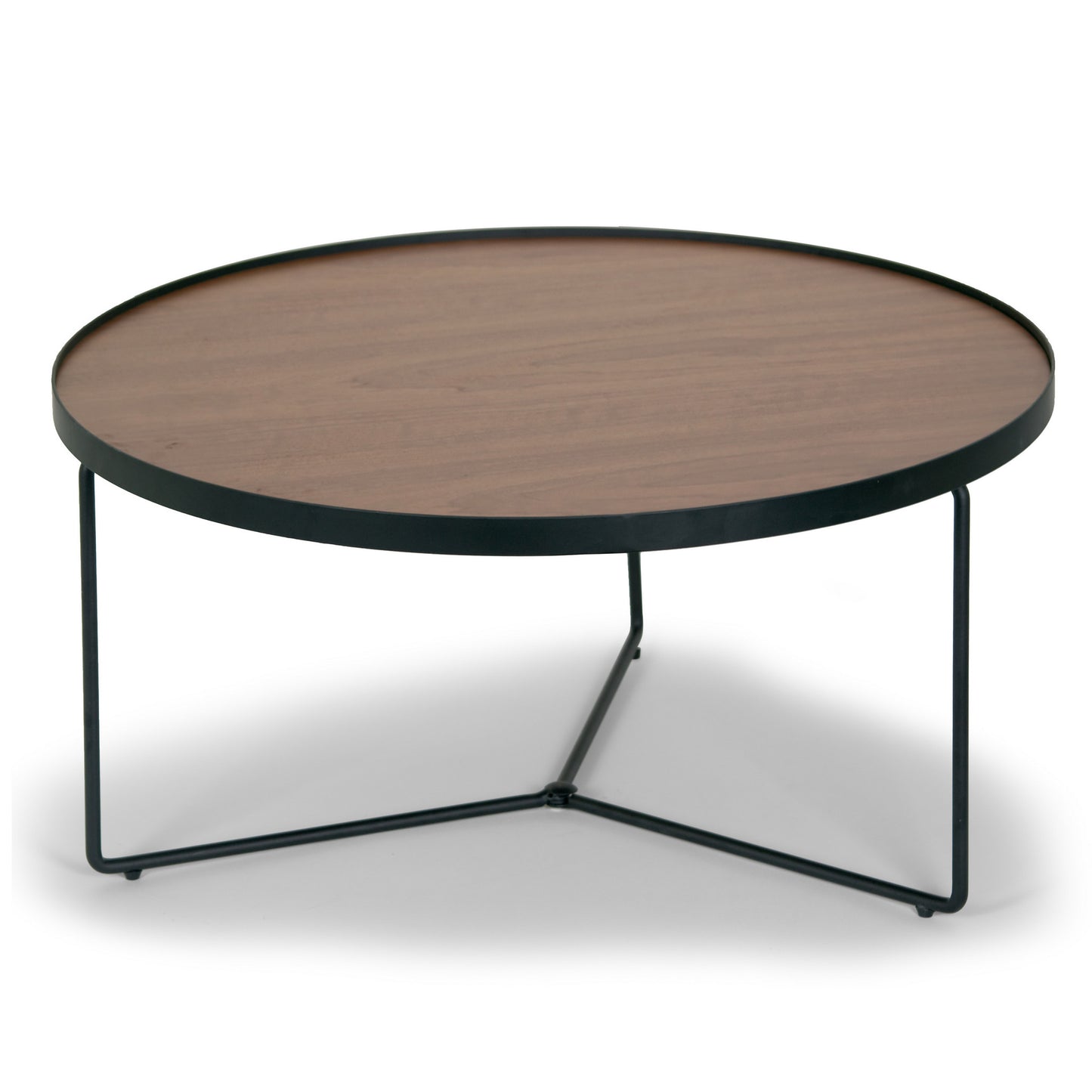 Ailsa Walnut Brown Round Rimmed Wooden Coffee Table with Black Metal Frame