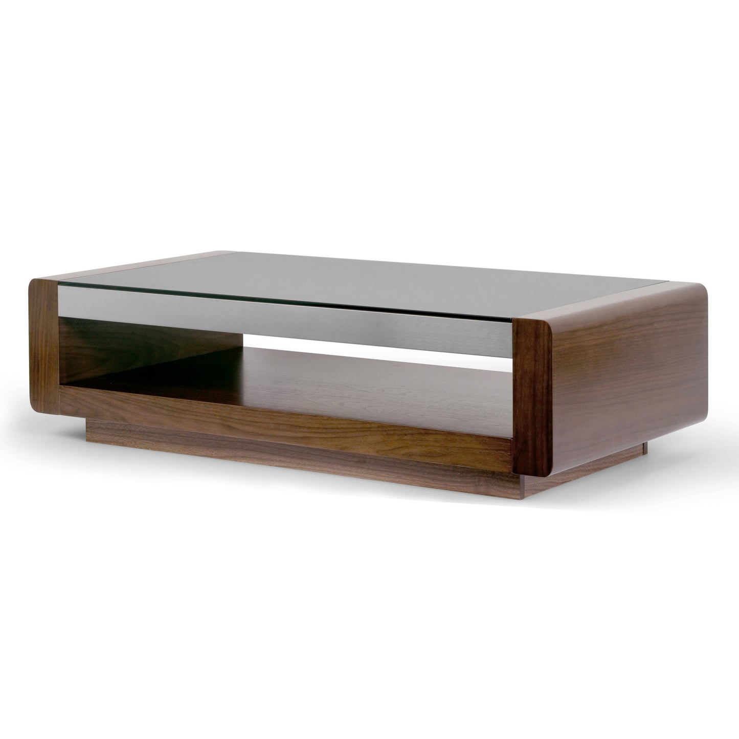 Aira Walnut Finish Coffee Table with Metal Accent and Tempered Glass Top