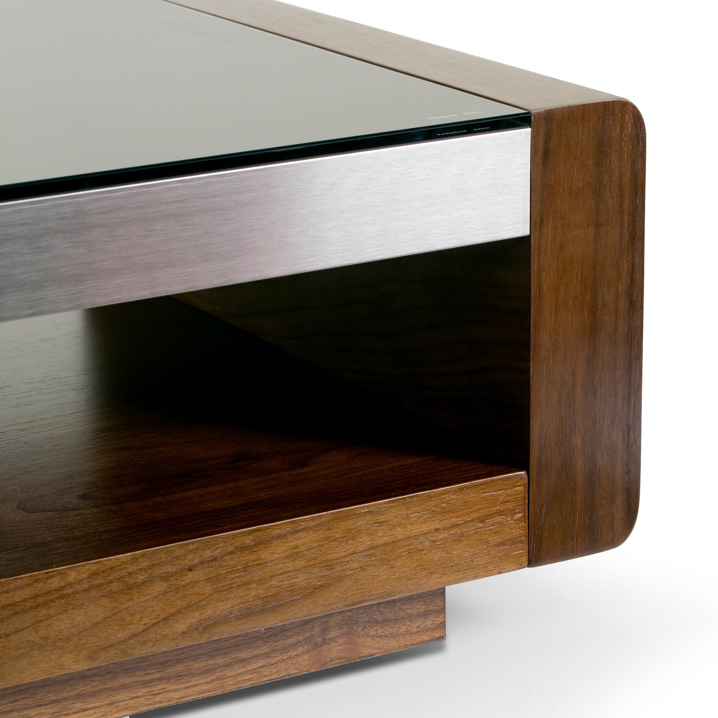Aira Walnut Finish Coffee Table with Metal Accent and Tempered Glass Top