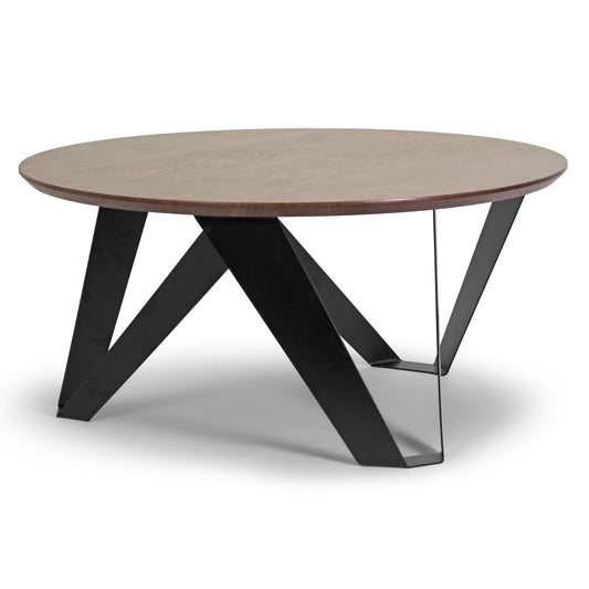 Aimi Walnut Finish Round Modern Coffee Table with Black Metal Legs