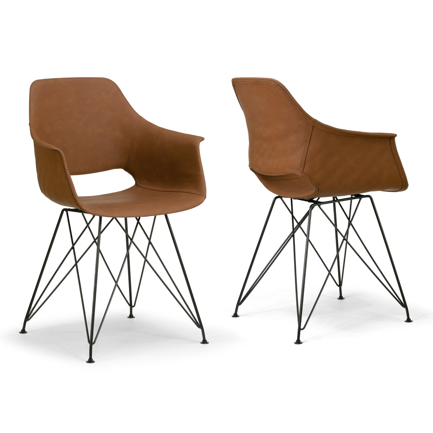 Set of 2 Alora Retro Modern Caramel Brown Arm Chair with Black Steel Legs