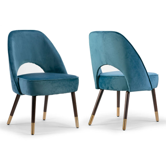 Set of 2 Amber Blue Velvet Modern Dining Chair with Beech Wood Legs