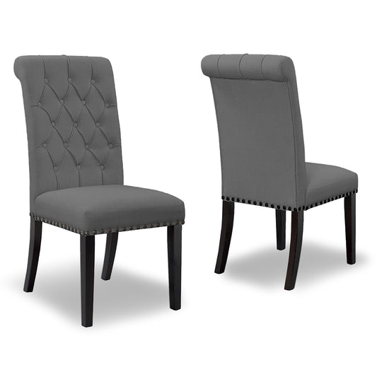 Set of 2 Aleki Grey Fabric Dining Chair Roll Back with Tufted Buttons and Nail Heads