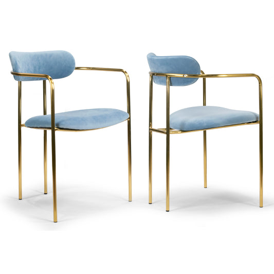 Set of 2 Anaya Light Blue Velvet Dining Chair with Golden Metal Legs