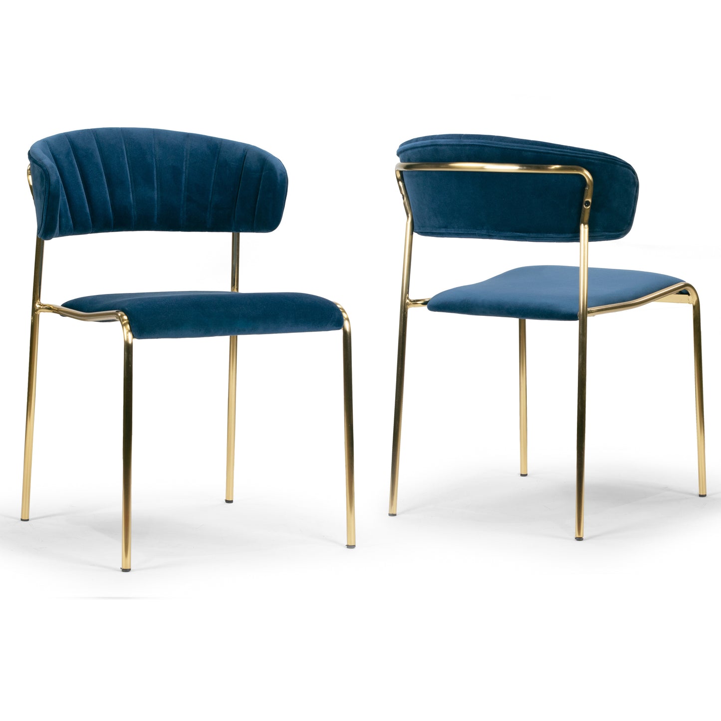 Set of 2 Andre Blue Velvet Dining Chair with Golden Metal Legs and Decorative Stitching