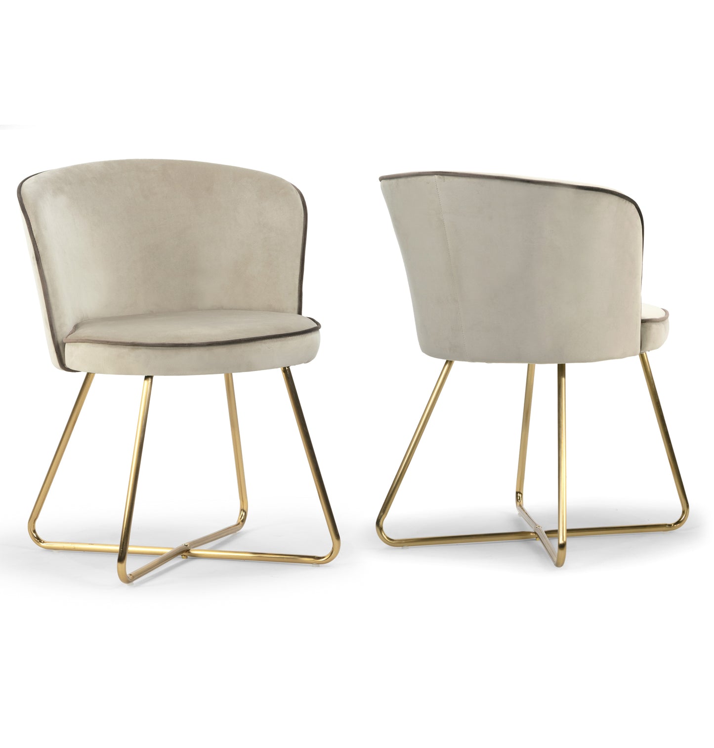 Set of 2 Anila Beige Velvet Dining Chair with Contrasting Piping and Golden Metal Legs