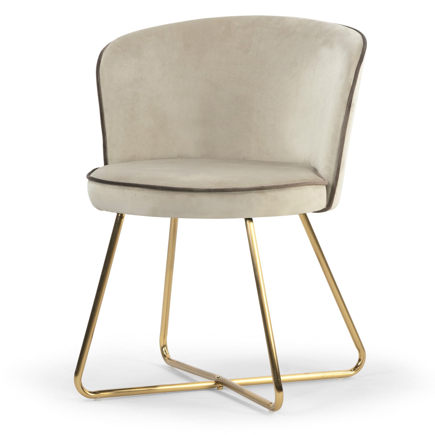 Set of 2 Anila Beige Velvet Dining Chair with Contrasting Piping and Golden Metal Legs