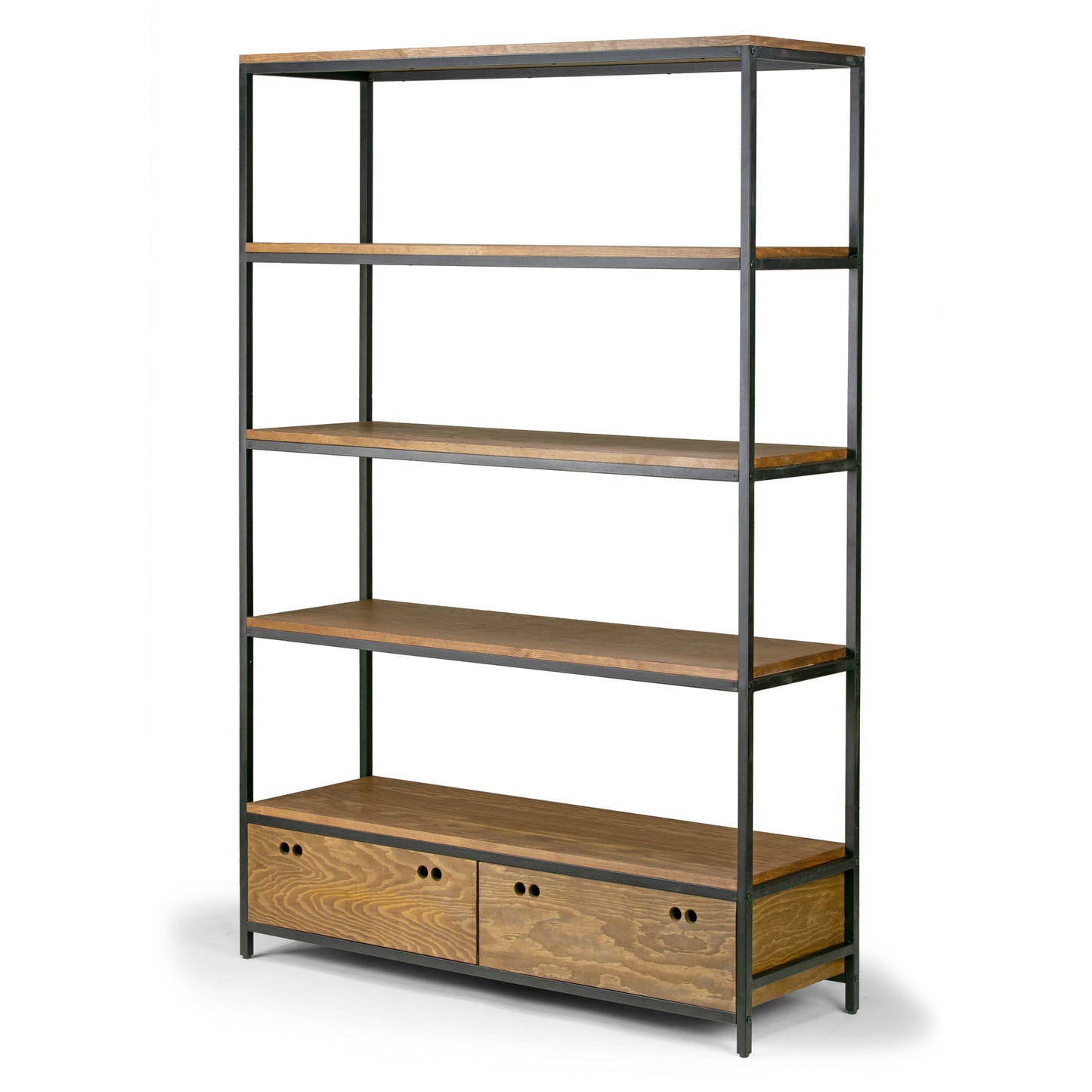 Alta Brown Pine Wood Display Shelf Etagere Metal Frame Bookcase with Drawers