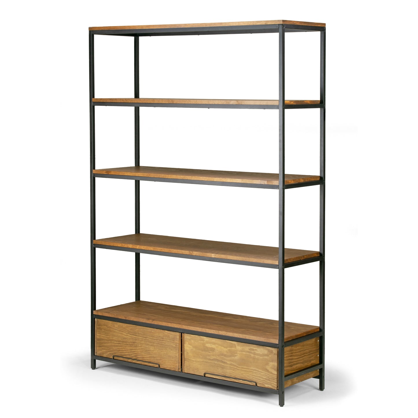 Alta Brown Pine Wood Display Shelf Etagere Metal Frame Bookcase with Drawers