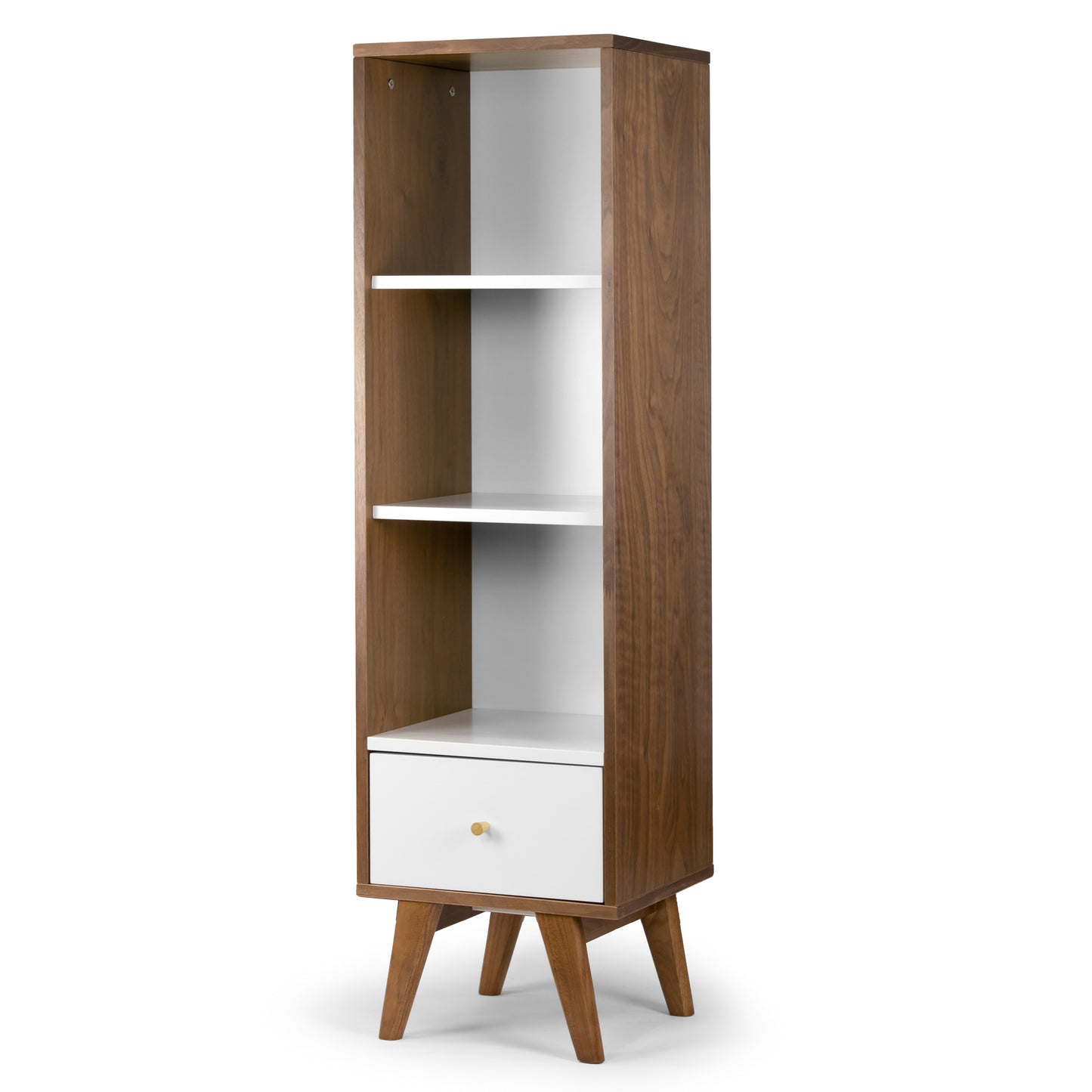 Alya Scandinavian Style Walnut Finish Bookcase Media Tower with Contrasting White Drawer