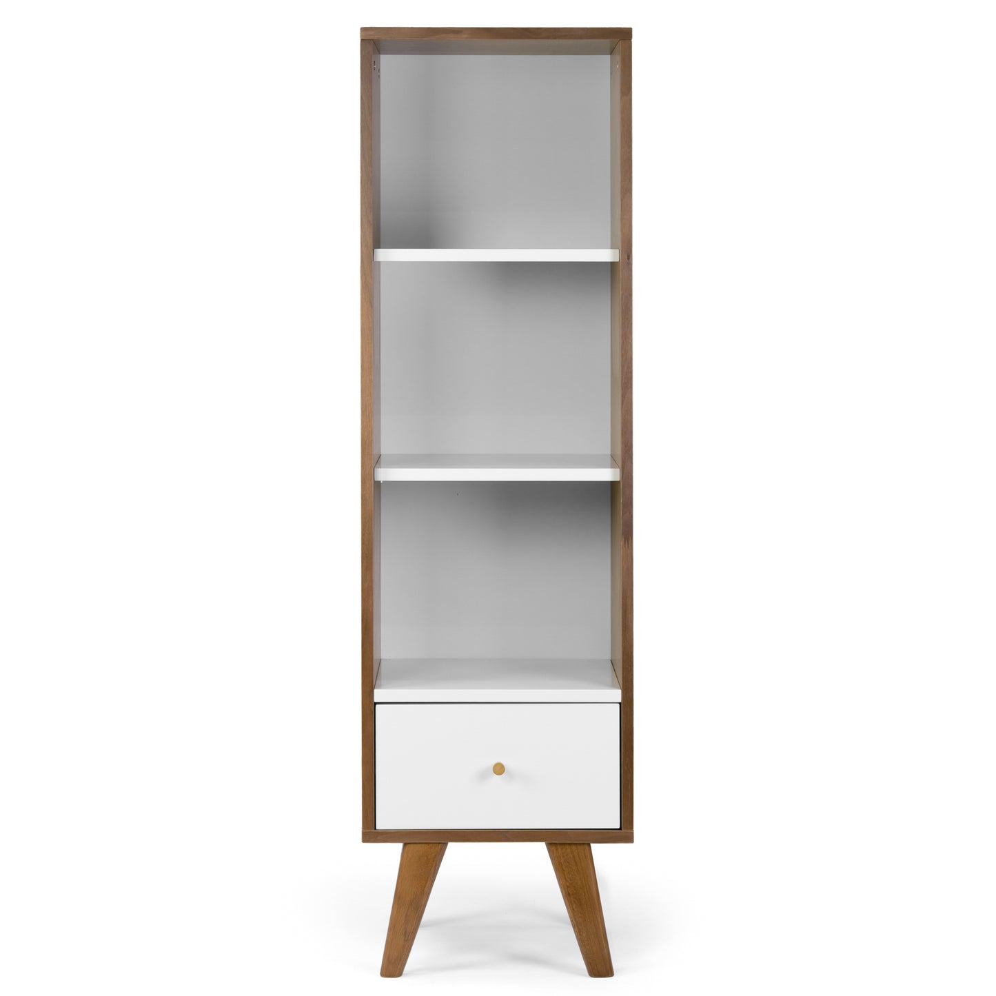 Alya Scandinavian Style Walnut Finish Bookcase Media Tower with Contrasting White Drawer