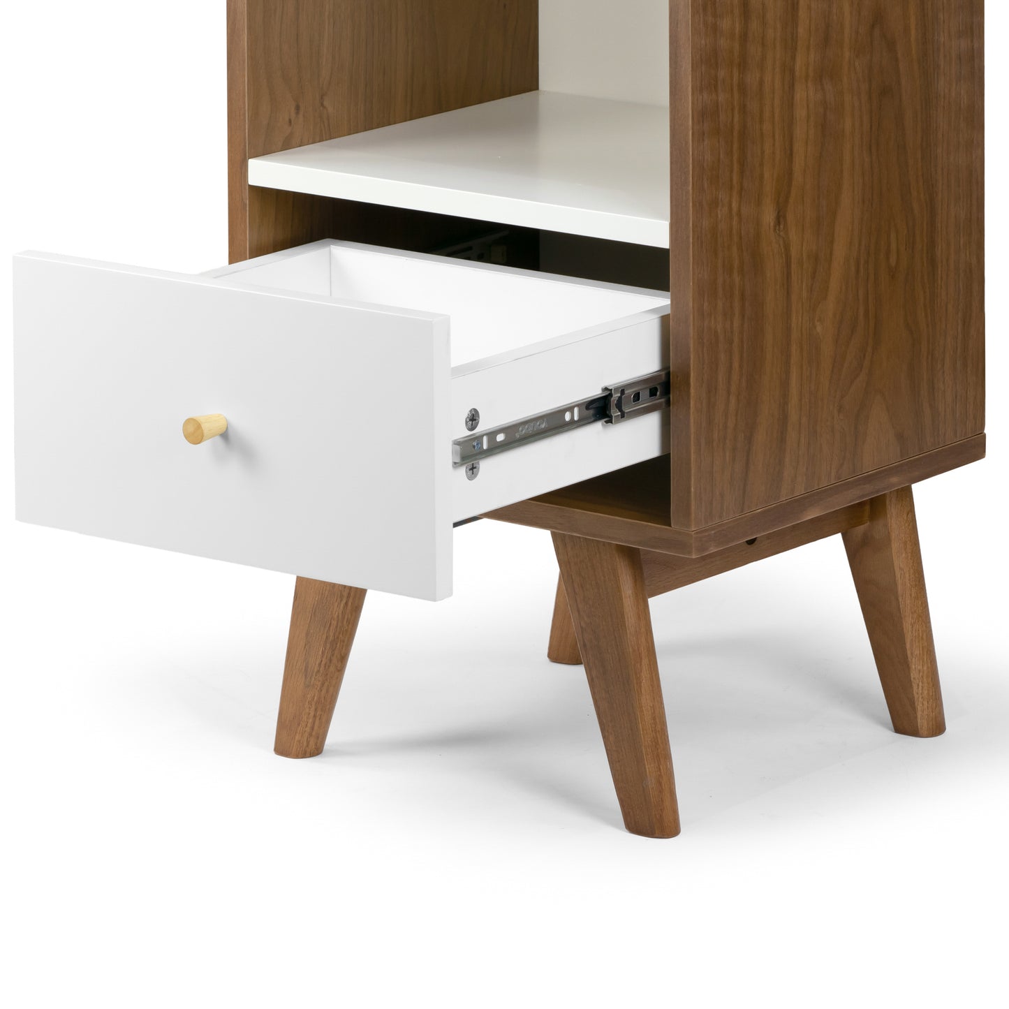 Alya Scandinavian Style Walnut Finish Bookcase Media Tower with Contrasting White Drawer