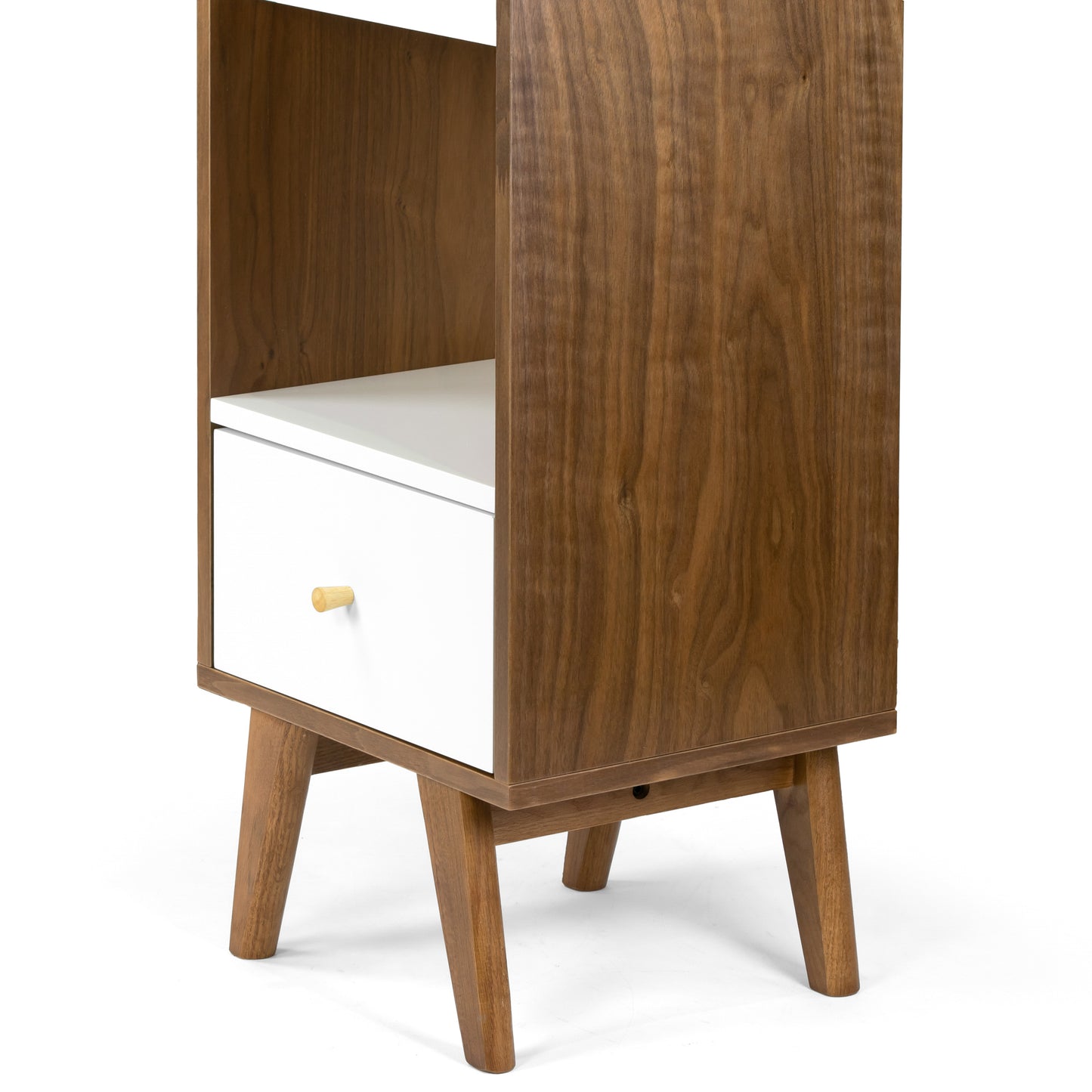 Alya Scandinavian Style Walnut Finish Bookcase Media Tower with Contrasting White Drawer