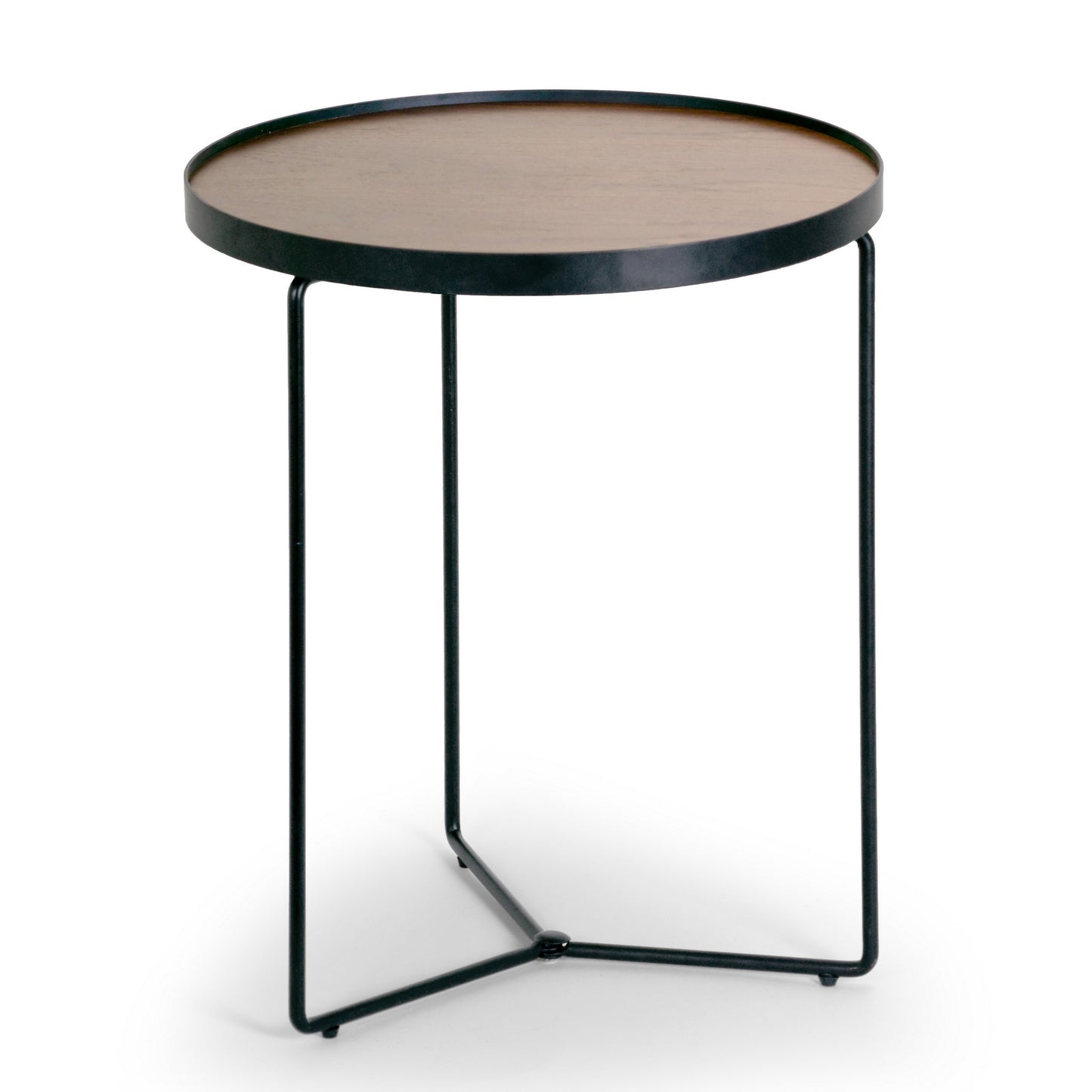 Ailsa Walnut Brown Round Rimmed Wooden Side Table with Black Metal Frame