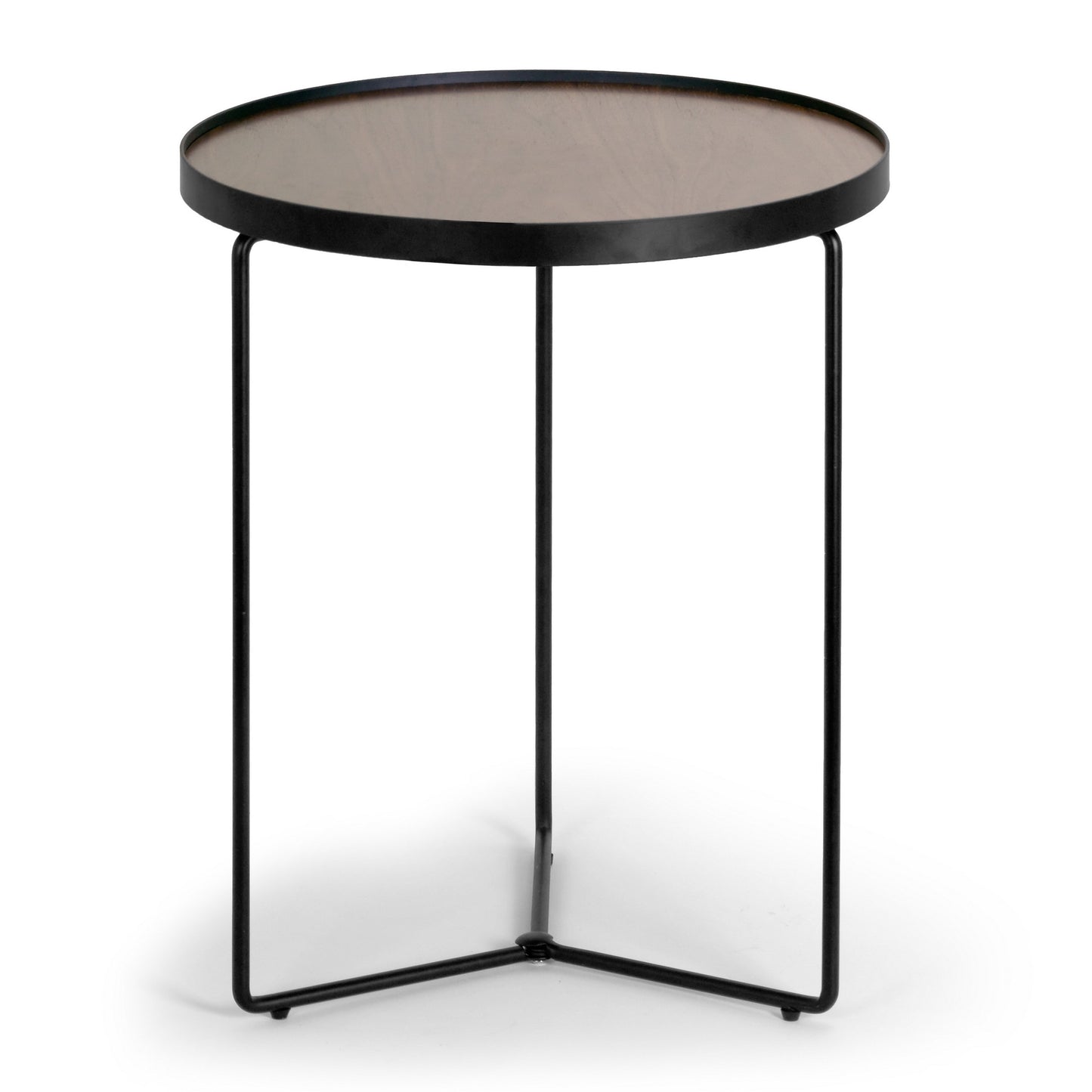 Ailsa Walnut Brown Round Rimmed Wooden Side Table with Black Metal Frame