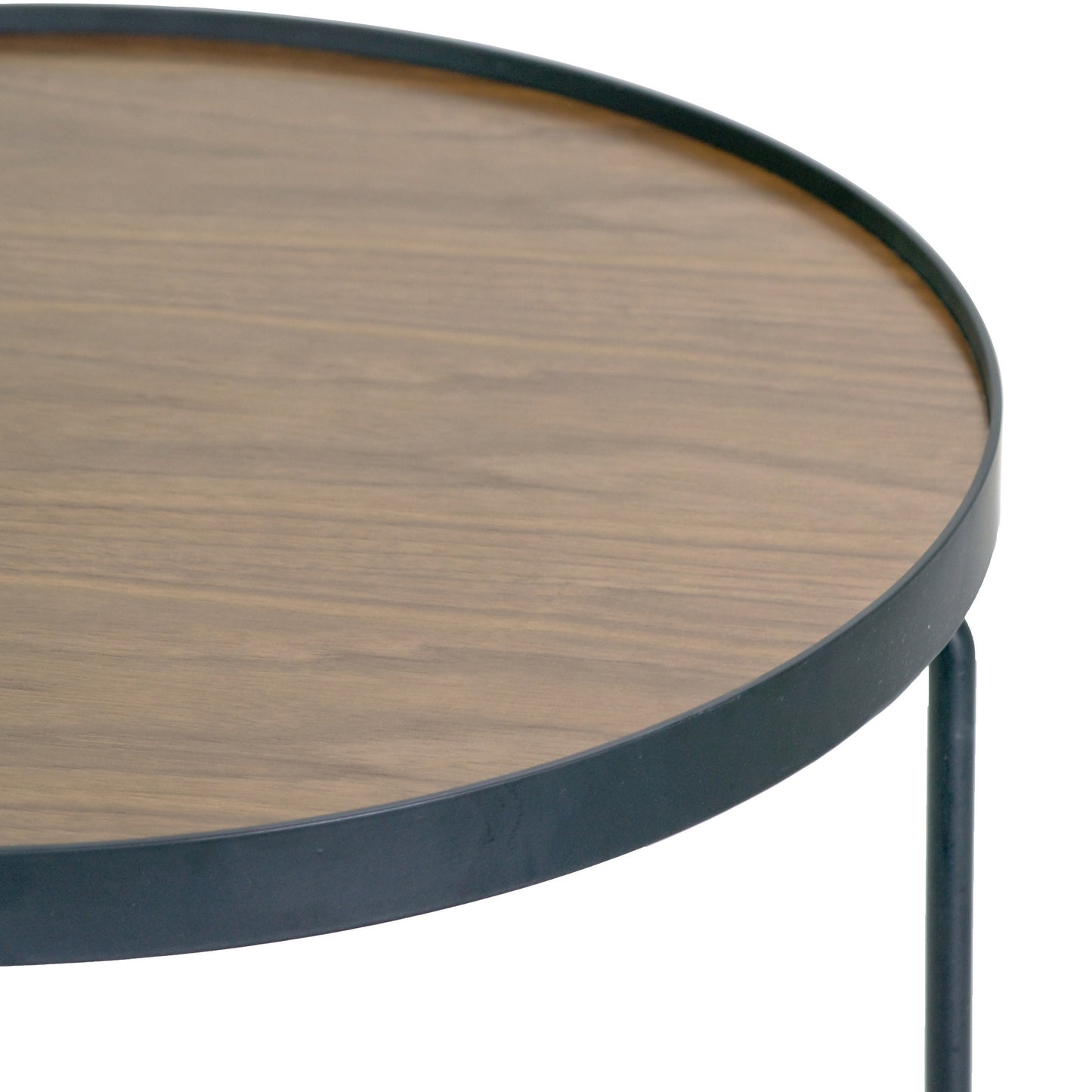 Ailsa Walnut Brown Round Rimmed Wooden Side Table with Black Metal Frame