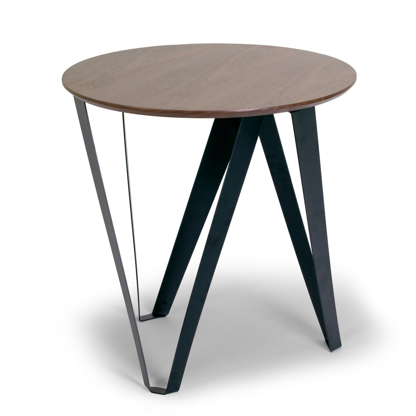 Aimi Walnut Color Round Modern Side Table with Black Metal Legs