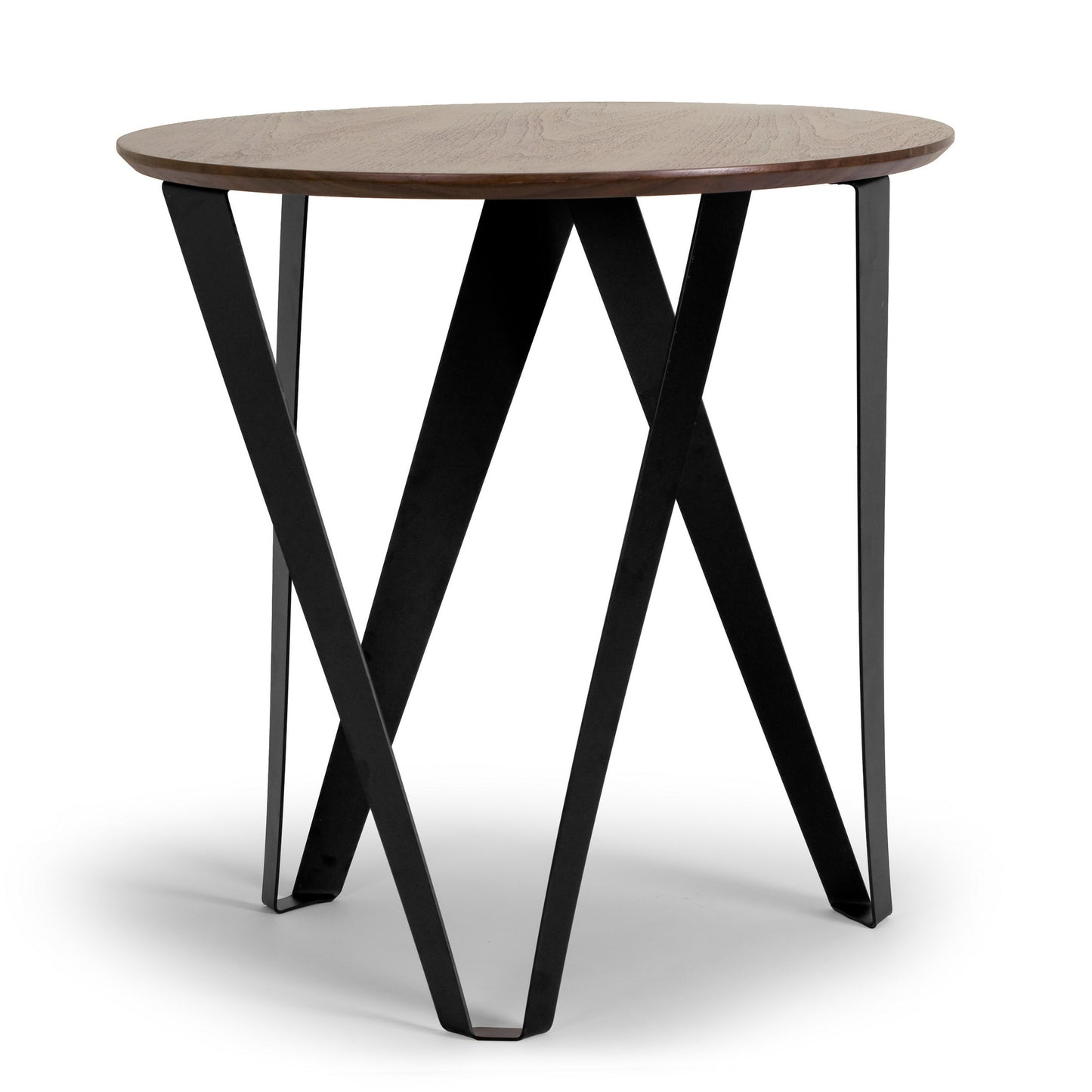 Aimi Walnut Color Round Modern Side Table with Black Metal Legs