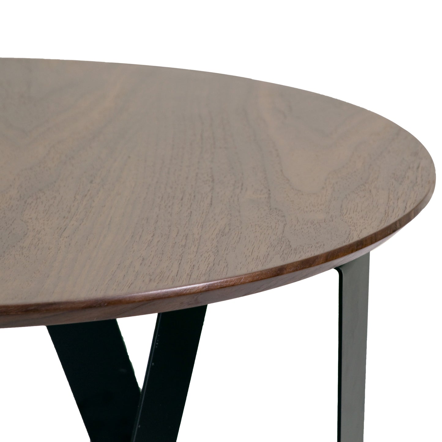 Aimi Walnut Color Round Modern Side Table with Black Metal Legs