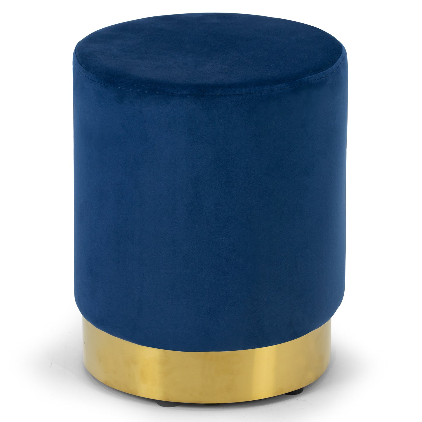 Anna Blue Velvet Round Footstool Ottoman with Golden Accent Base Small Size