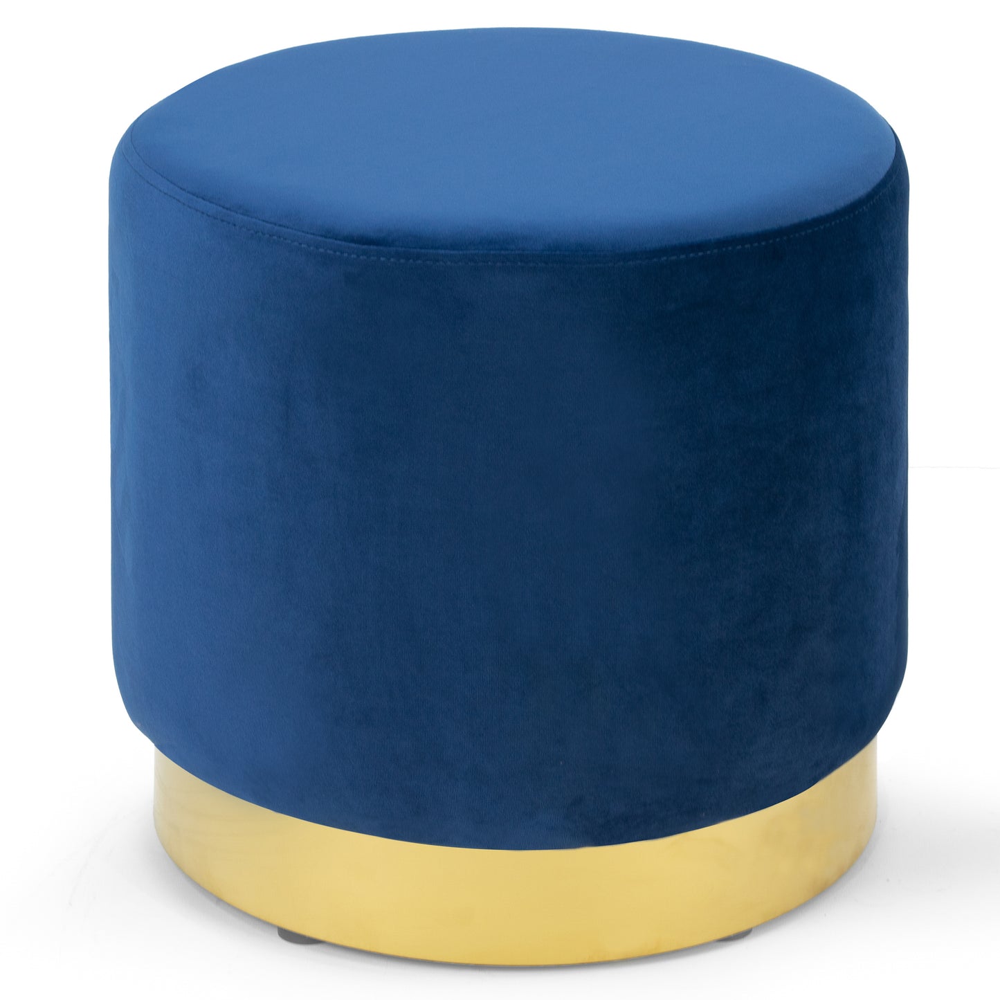 Anna Blue Velvet Round Footstool Ottoman with Golden Accent Base Medium Size