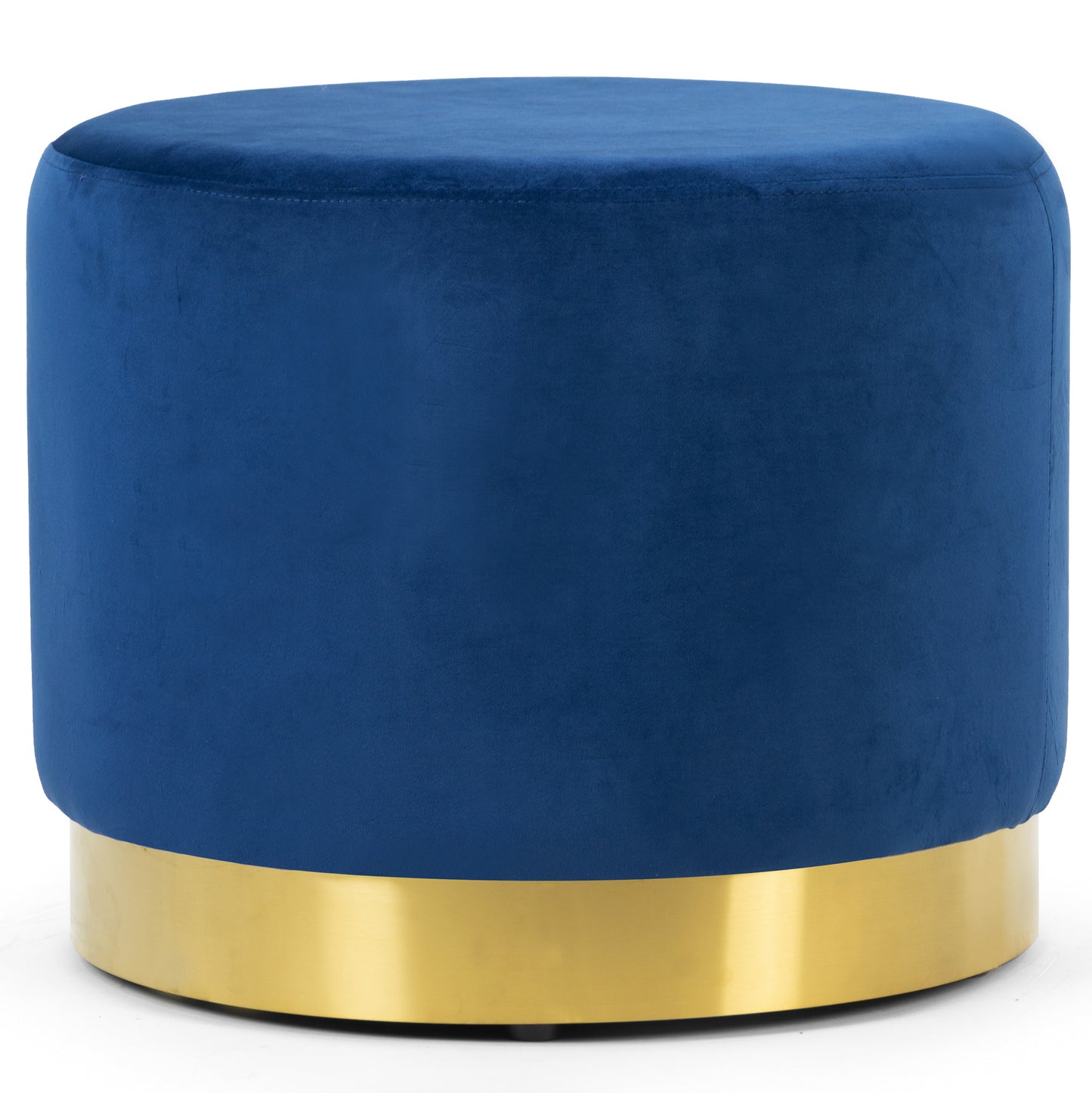 Anna Blue Velvet Round Footstool Ottoman with Golden Accent Base Large Size