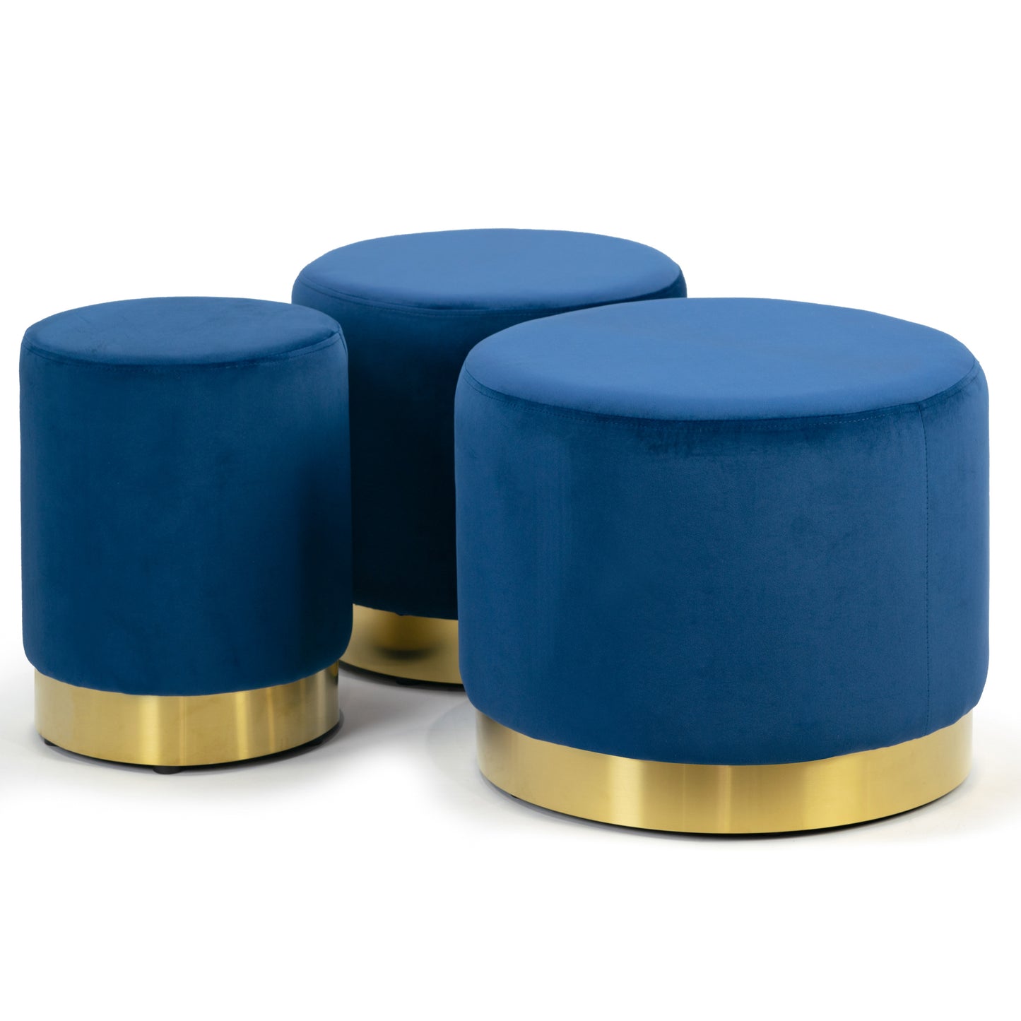 Anna Blue Velvet Round Footstool Ottoman with Golden Accent Base Small-Medium-Large Set