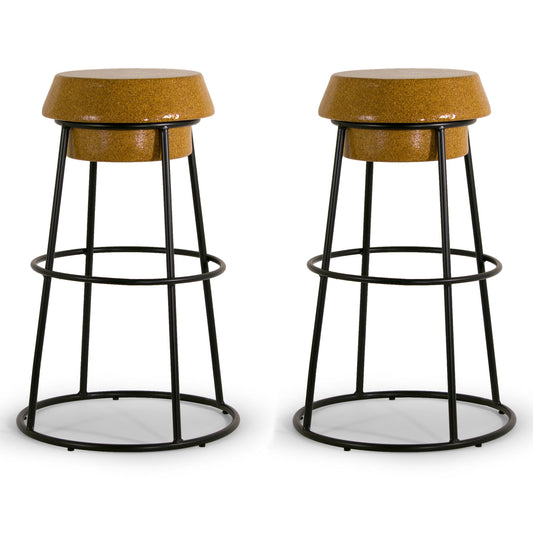 Set of 2 Happy Brown Wood Wine Cork Bar Stool with Black Iron Frame