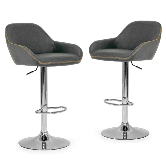Set of 2 Alan Adjustable Height Swivel Barstool in Vintage Grey Color Faux Leather with Contrasting Stitching