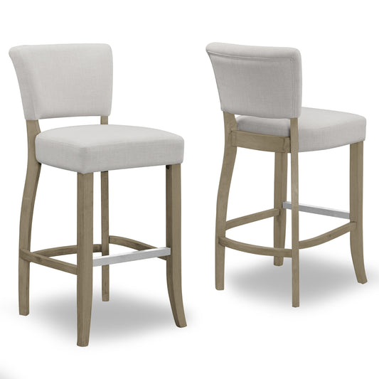 Set of 2 Aleck Beige Fabric Bar Stool with Antique Finish Wood Legs