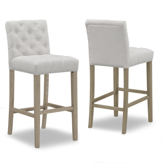 Set of 2 Alee Beige Fabric Bar Stool with Tufted Buttons and Wood Legs