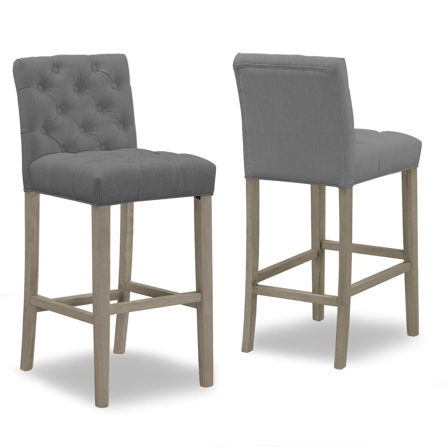 Set of 2 Alee Grey Fabric Bar Stool with Tufted Buttons and Wood Legs