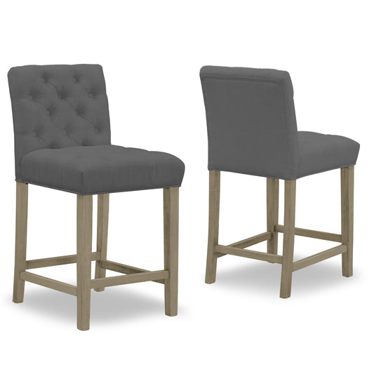Set of 2 Alee Grey Fabric Counter Stool with Tufted Buttons and Wood Legs