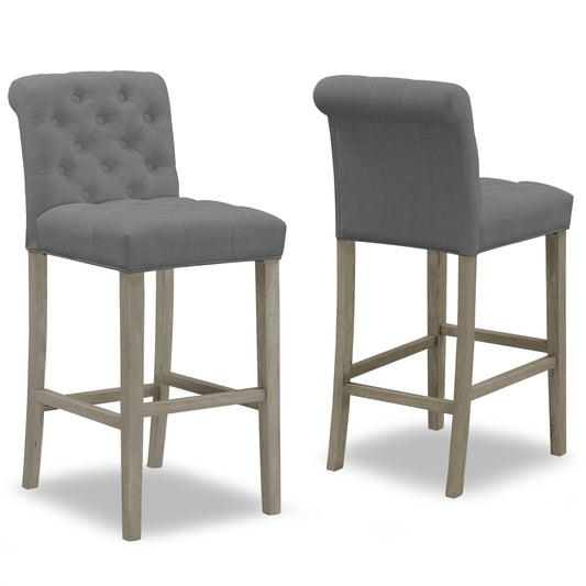 Set of 2 Aleen Grey Fabric Bar Stool with Roll Back Design and Tufted Buttons