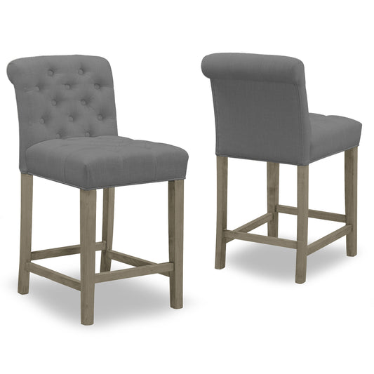 Set of 2 Aleen Grey Fabric Counter Stool with Roll Back Design and Tufted Buttons