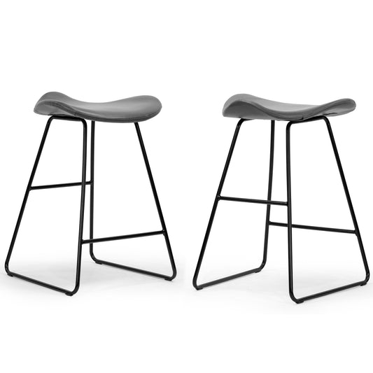 Set of 2 Aoi Grey Faux Leather Backless Counter Stool with Black Metal Legs
