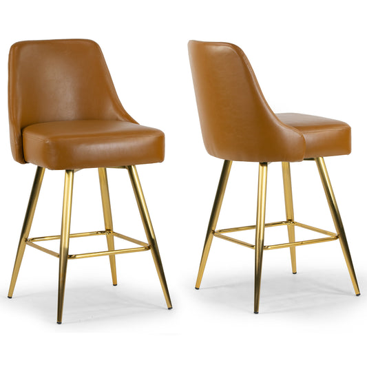 Set of 2 Auren Light Brown Upholstered Metal Frame Counter Stool with Golden Legs