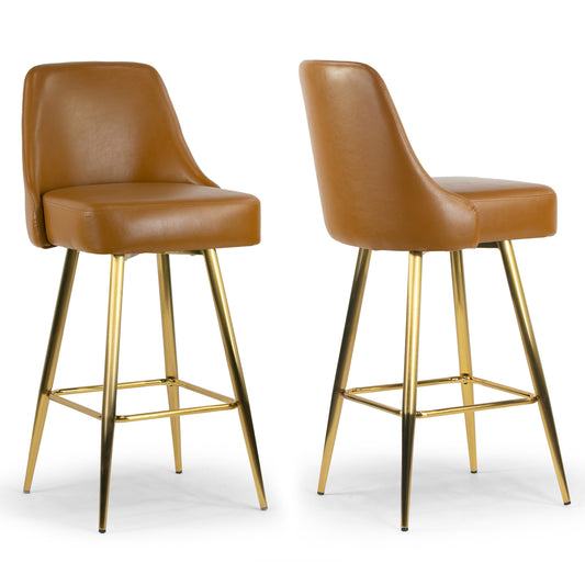Set of 2 Auren Light Brown Upholstered Metal Frame Bar Stool with Golden Legs