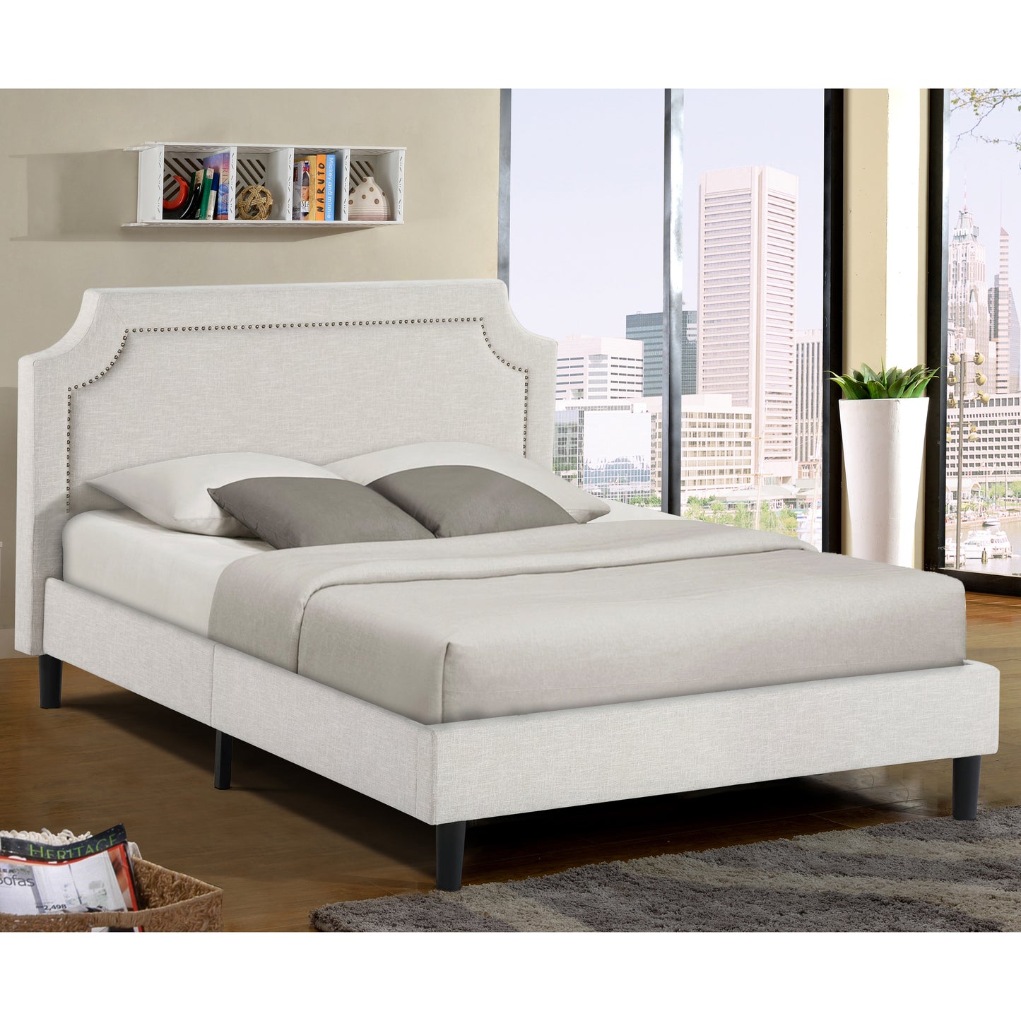 Alison Beige Upholstered Platform Bed with Nail Head Accent Queen Size