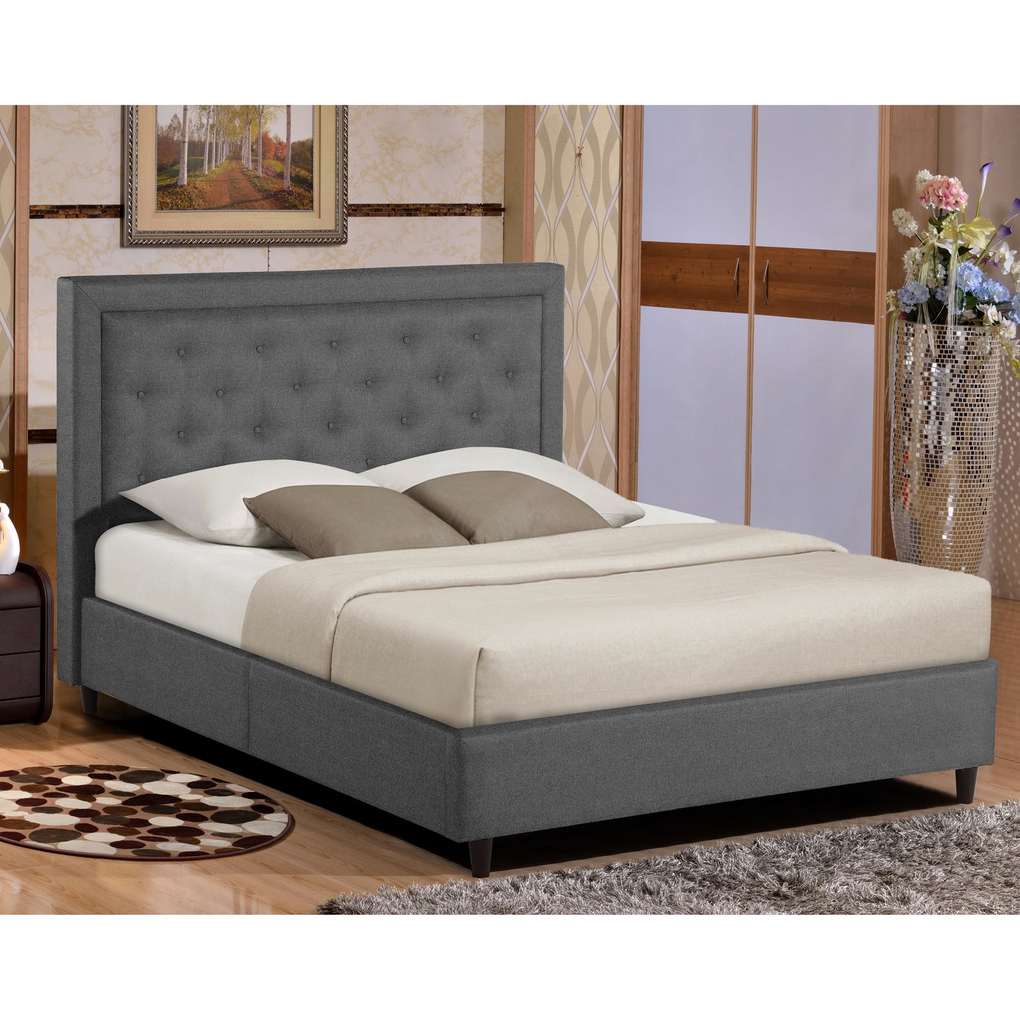 Alivia Dark Grey Upholstered Platform Bed Queen Size