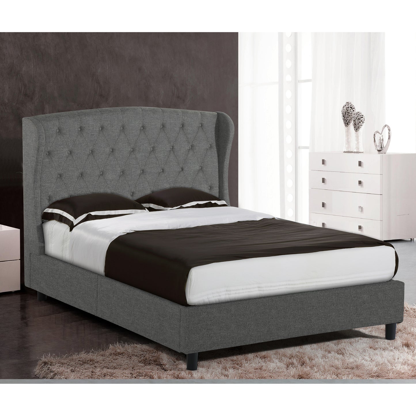 Alka Dark Grey Upholstered Platform Wing Bed Accent Queen Size