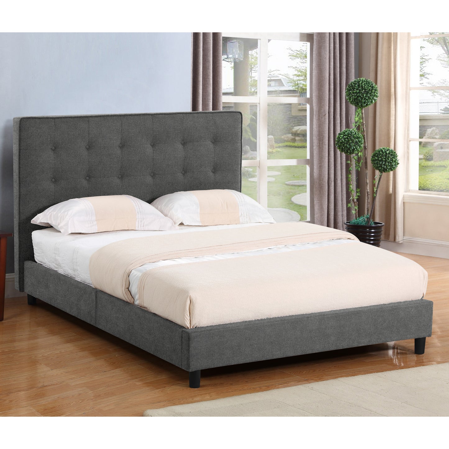 Alla Dark Grey Upholstered Platform Accent Queen Bed with Stitching