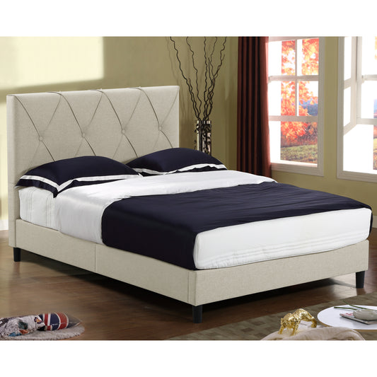 Ally Beige Upholstered Platform Queen Bed with Stitching and Buttons