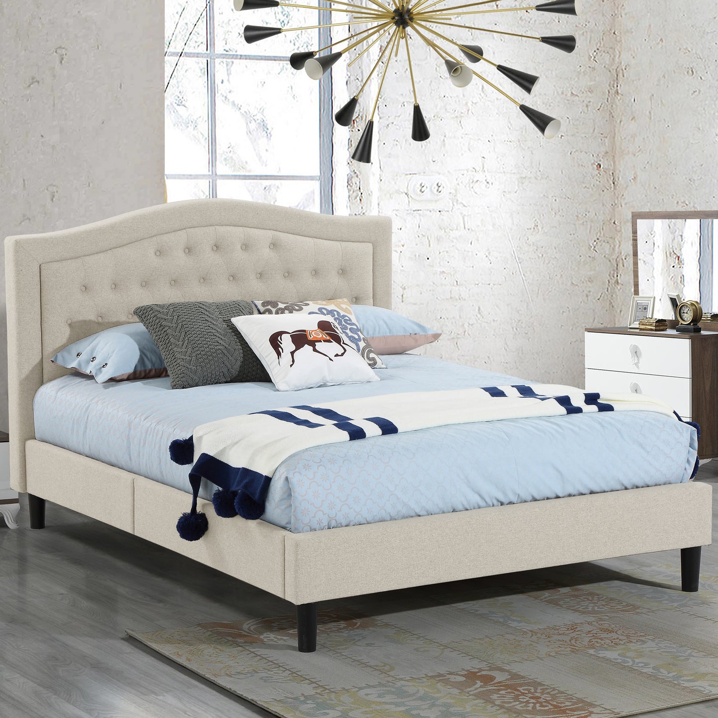 Alma Beige Upholstered Platform Queen Bed with Stitching and Button