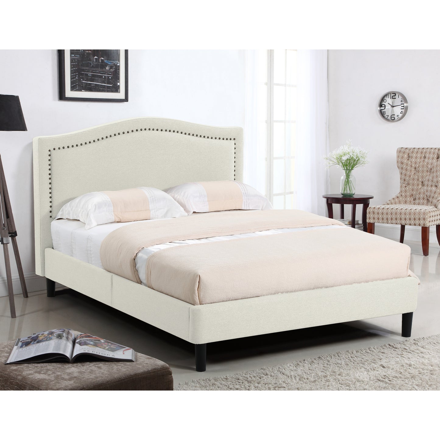 Aloha Beige Upholstered Platform Bed with Decorative Nail Heads Queen Size